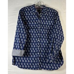 Talbots Womens Blouse Top Blue White Cotton Long Sleeve Flip Cuff Buton Up Small